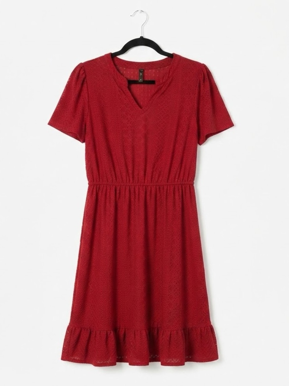 Dressystar Medium Red V-Neck Midi Dress with Ruffle Hem